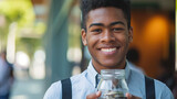 An optimistic teenage boy showing off a glass jar with saved money, symbolizing financial education