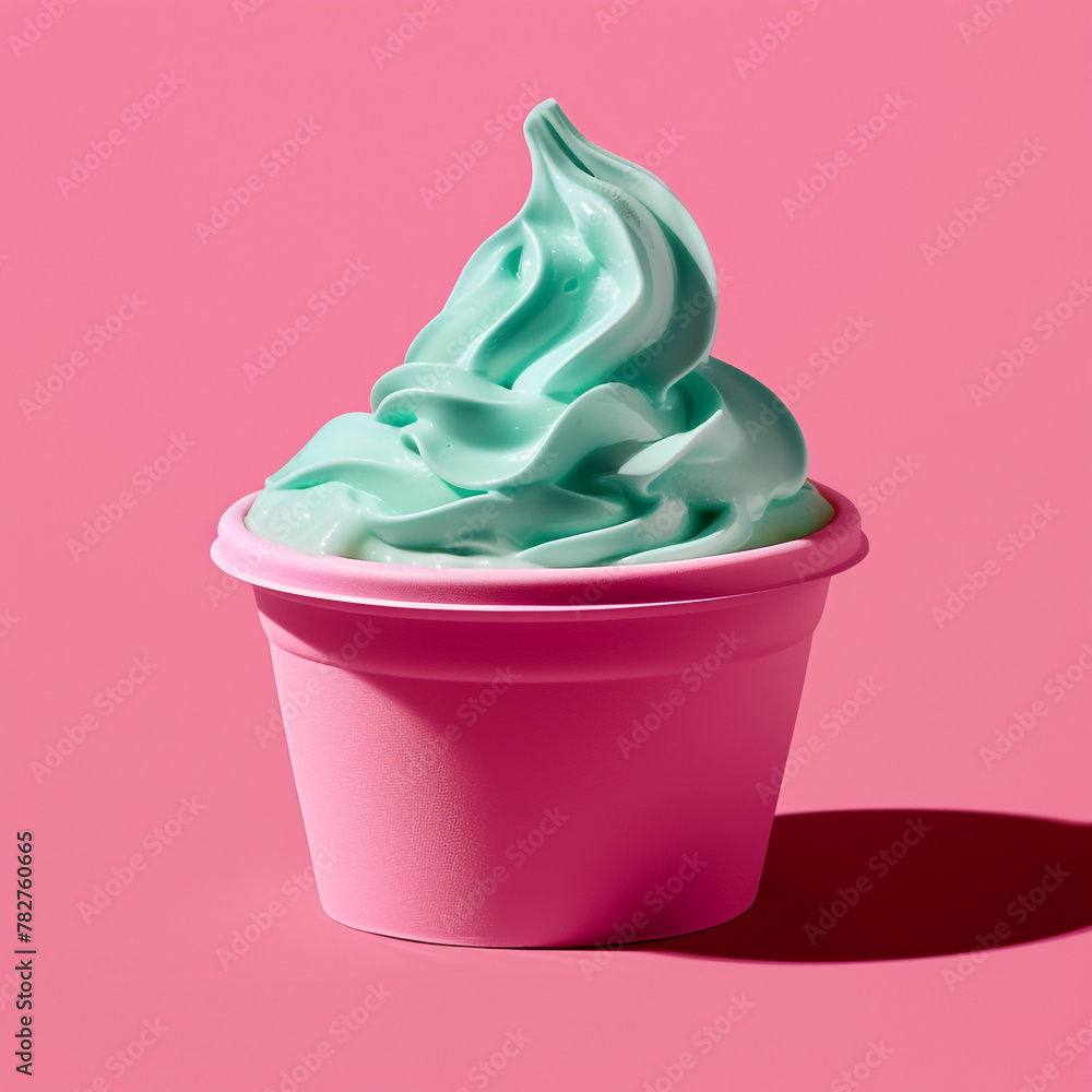 Delicious yogurt ice cream in a paper cup. Ice cream is poured by swirling to form a beautiful look. Pink background. Delicious yogurt ice cream in a paper cup. Ice cream is poured by swirling to form a beautiful look. Pink background.