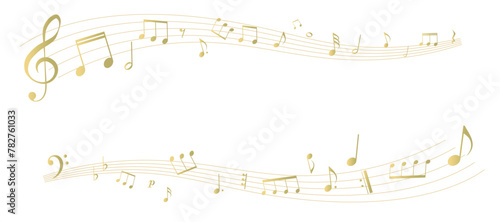 ゴールドの遠近感のある楽譜のフレームイラスト　五線譜　背景イラスト　音符、休符、音楽記号のイラスト