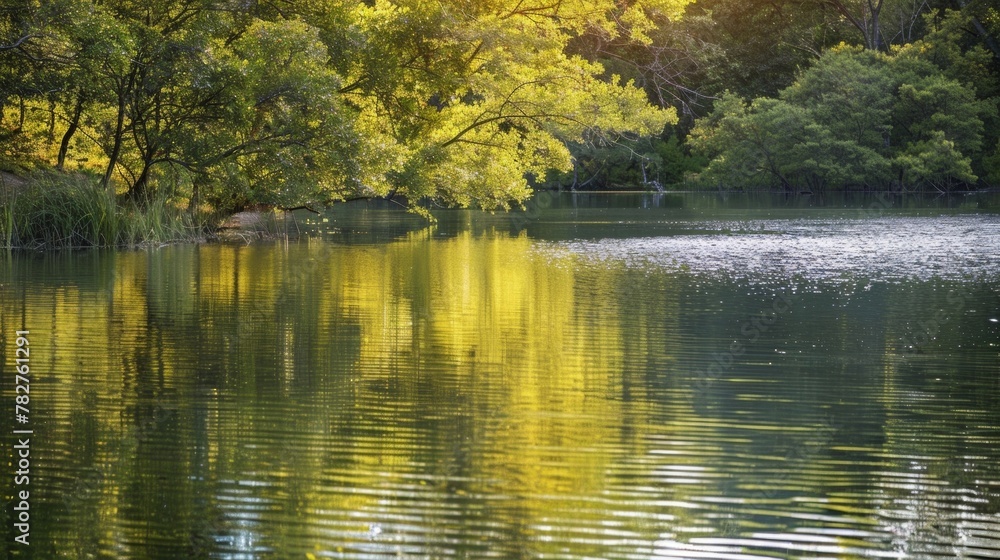 Fototapeta premium The still waters of a quiet lake reflect the vibrant hues of the surrounding forest. Sunlight filters through the foliage casting . .