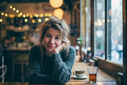 Portrait of a young woman sitting in a cafe with a cup of tea