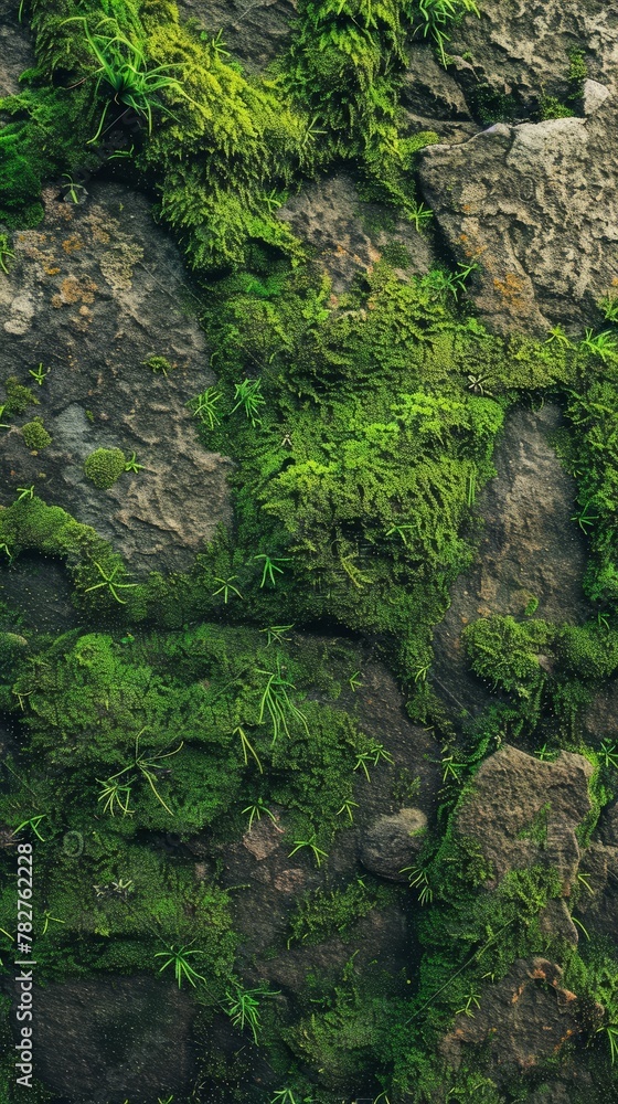 Lush green moss thriving on a rugged rock wall in its natural habitat. Wallpaper. Background.