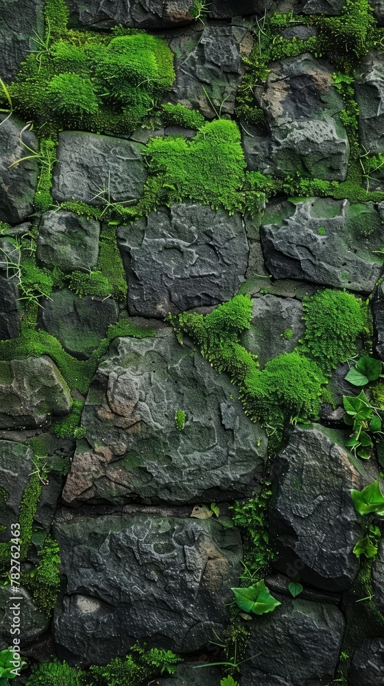 A stone wall covered in green moss, showcasing a natural texture background A stone wall covered in green moss, showcasing a natural texture background