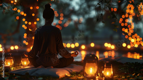 A person sits on a cushion surrounded by flickering lanterns their hands resting gently on their lap as they focus on their breathing. . .