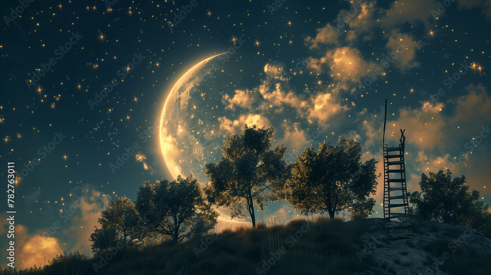 Surreal Night Sky with Crescent Moon, Ladder, and Glowing Clouds Surreal Night Sky with Crescent Moon, Ladder, and Glowing Clouds