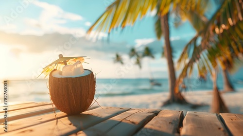 coconut drink at the beach  Photographic Capture of a Fresh Iced Coconut Cocktail  Coconut on a Wooden Table at the Beach  Surrounded by Palms and Bathed in Summer Sunshine