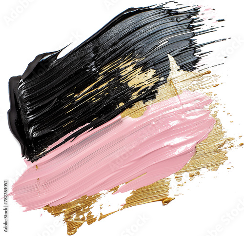 Artistic brushstroke fusion of black, pink, and gold on white canvas, encapsulating contemporary art with a luxurious touch, Concept of creativity and high-fashion design
