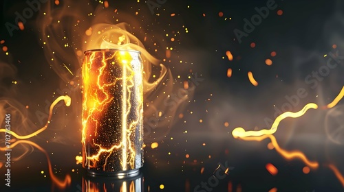 Creative concept banner to advertise an energy drink in an aluminum can. Energy drink with lightning and flashes, symbols of energy. 3d render illustration style