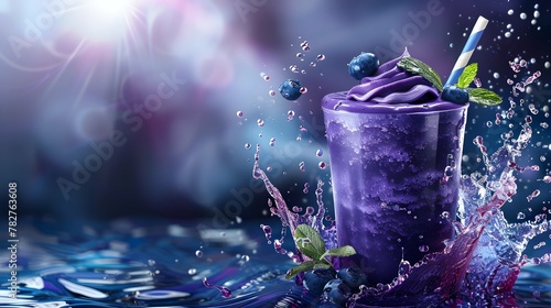 delicious blueberry smoothies frappe with juice splash and swirling wave effect, For drink menu, drink poster, Cafe product menu photo