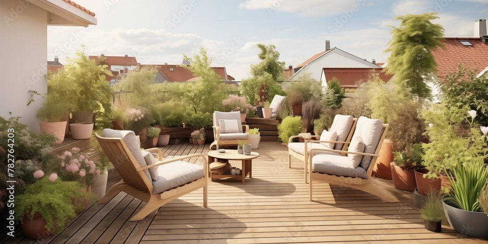A Scandinavian outdoor terrace with rattan furniture, potted plants, and a hammock.