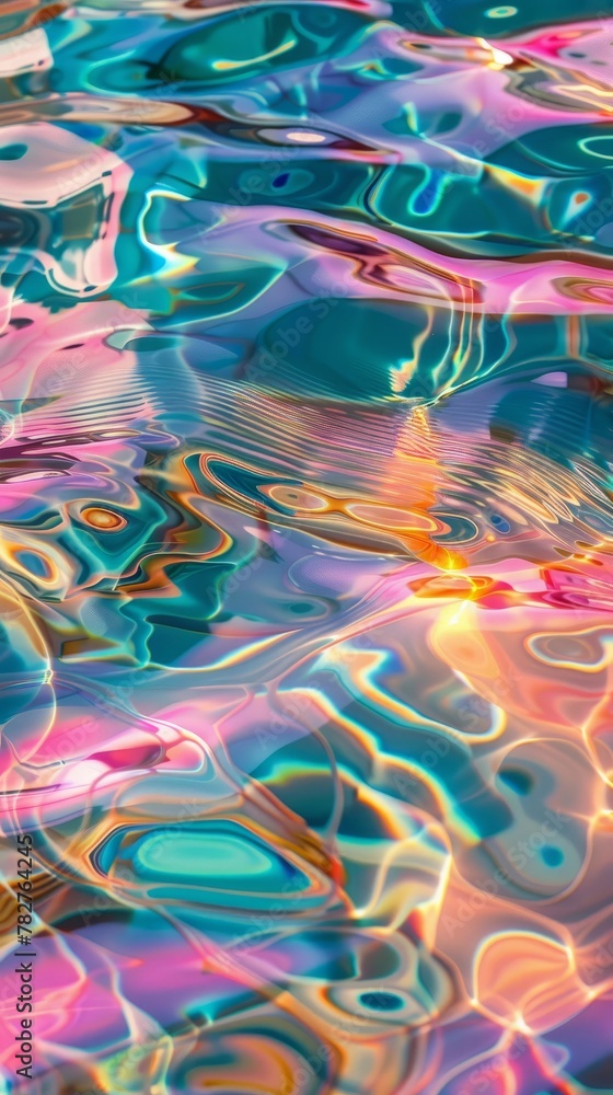 Vibrant waves and ripples creating colorful patterns on the surface of a pool of water. Wallpaper. Background.