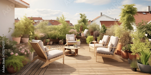 A Scandinavian outdoor terrace with rattan furniture  potted plants  and a hammock.