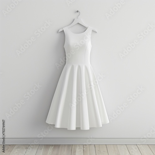 white dress mockup, lovely dress hanging from the hanger, white wall background, 3d render