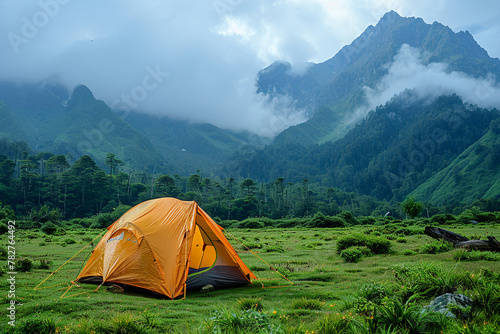 Camping tent with mountain background
