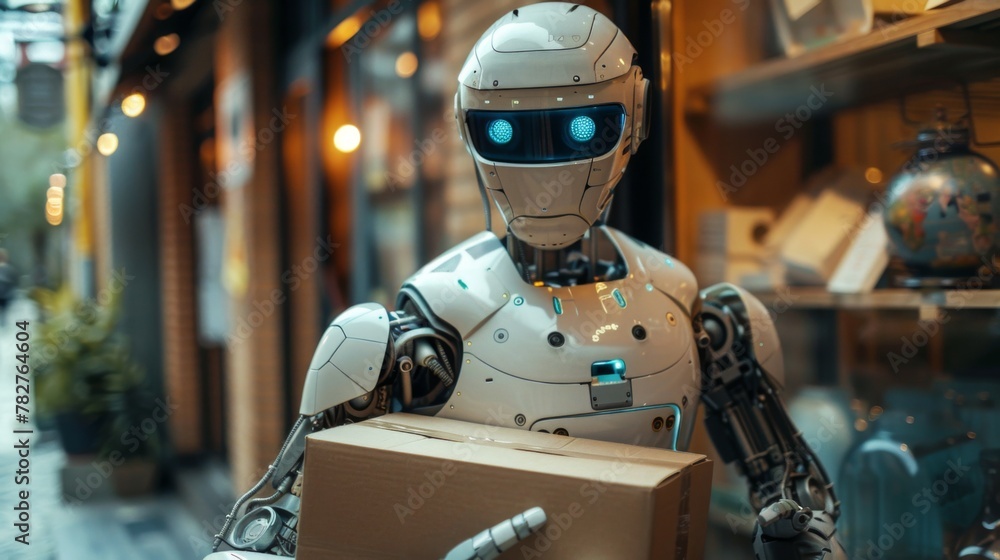 Humanoid robot in office attire holding a cardboard box, depicting futuristic workplace automation and AI integration in business