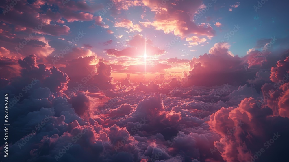 Christian cross appeared bright in the sky with soft fluffy clouds, white, beautiful colors. With the light shining as hope, love and freedom in the sky background 