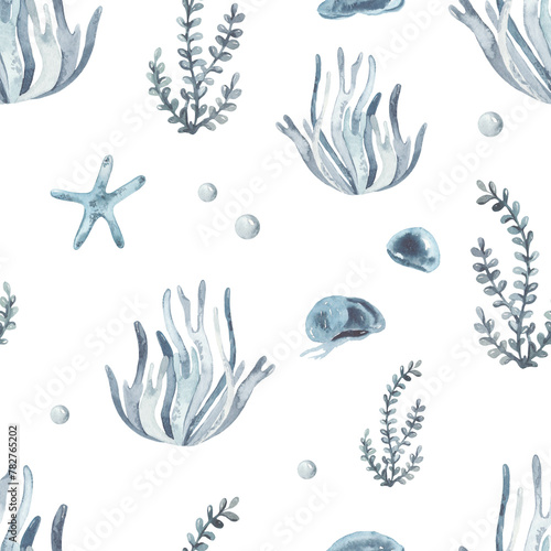 Underwater creatures with corals, seaweed, starfish, blue jellyfish for prints and texturesWatercolor seamless pattern 