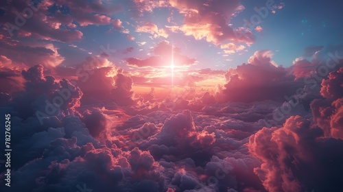 Christian cross appeared bright in the sky with soft fluffy clouds, white, beautiful colors. With the light shining as hope, love and freedom in the sky background  photo