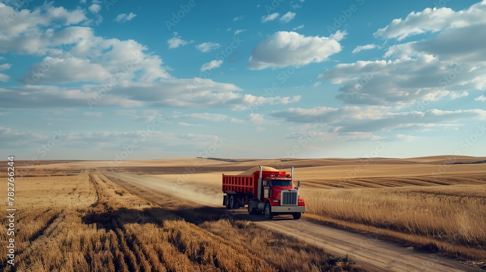 Fototapeta premium Vibrant Truck Carries Grain Through Scenic Rural Landscape During Harvest Season