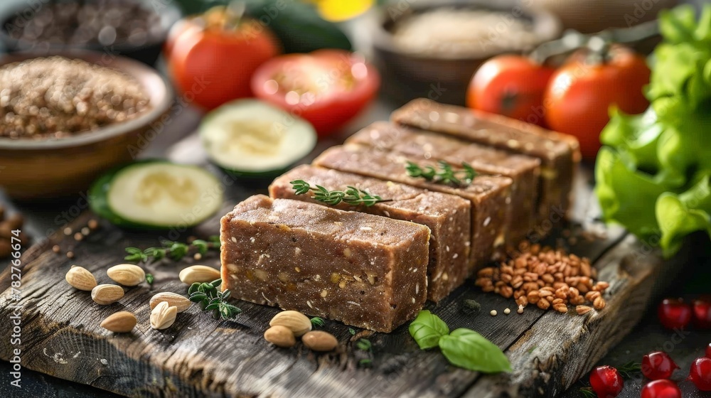 Meats and vegetables turn into brown plain nutrition bars by pressure Meats and vegetables turn into brown plain nutrition bars by pressure