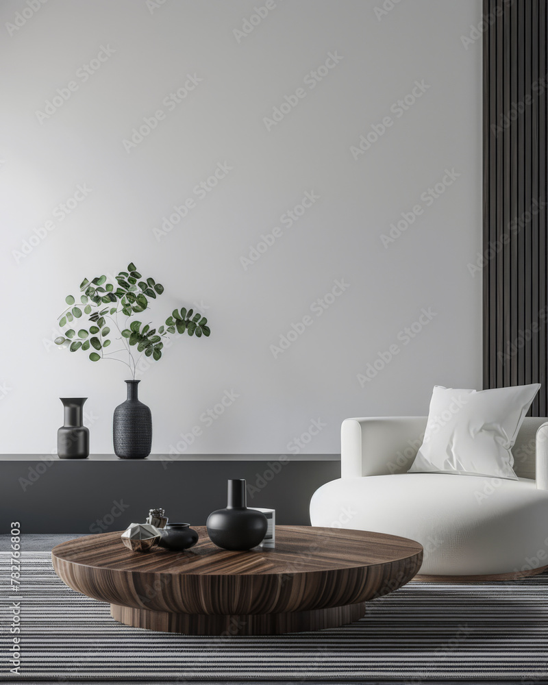 Stylish living room interiors with a sofa placed next to a window, wall panels a small table Stylish living room interiors with a sofa placed next to a window, wall panels a small table
