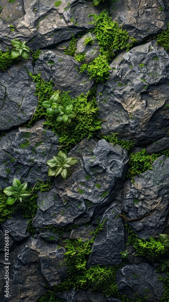 A rock wall covered with vibrant green plants growing on its surface, silhouette of a woman's face. Wallpaper. Background.
