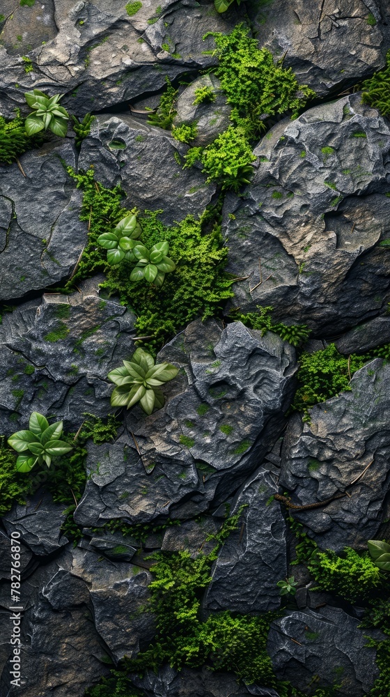 A rock wall covered with vibrant green plants growing on its surface, silhouette of a woman's face. Wallpaper. Background. A rock wall covered with vibrant green plants growing on its surface, silhouette of a woman's face. Wallpaper. Background.