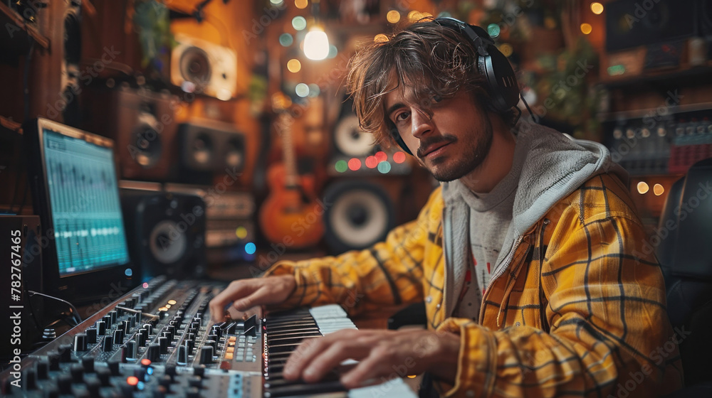 A male artist in a studio with a computer mixing desk, collaborating with an audio engineer on music production. Concept: Music Production