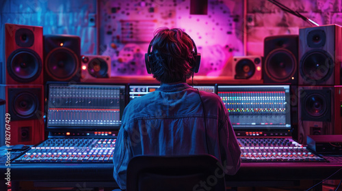 A male artist in a soundproof studio, recording music with a computer mixing desk and an audio engineer. Concept: Audio Engineer.