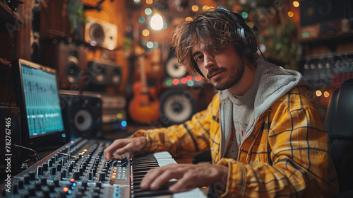 A male artist in a studio with a computer mixing desk, collaborating with an audio engineer on music production. Concept: Music Production