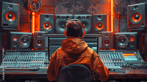 A musician in a professional recording studio, working with a computer mixing desk and an audio engineer to produce music. Concept: Recording Studio.