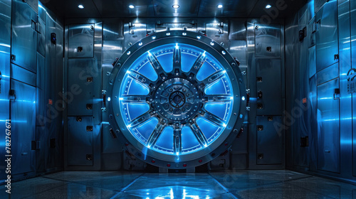 Bank vault innovation: Electric blue door designed like a motor vehicle's rim, highlighting sophisticated engineering.