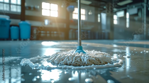 A mop-wielding cleaner conquers hard floors, banishing dirt and leaving behind a gleaming, well-polished surface