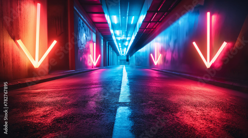 An impressive image of glowing pink and blue neon arrows pointing down in a modern tunnel, conceptually representing decline or downward trend