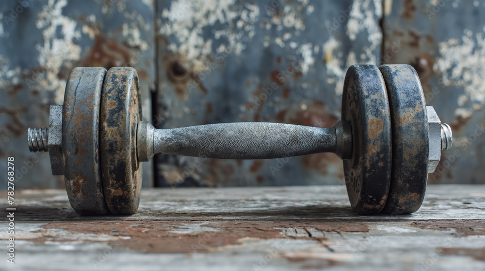 Old, rusty dumbbell lies abandoned on a wooden table, its weathered surface telling a story of past strength training. Old, rusty dumbbell lies abandoned on a wooden table, its weathered surface telling a story of past strength training.