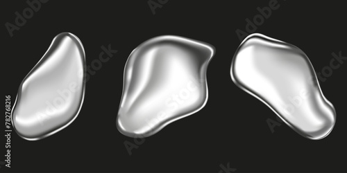 Set of metal drops realistically isolated on a black background. Silver ball, chrome sphere, liquid metal. Spherical 3D spheres. Precious stone. Vector illustration for your design and business eps10