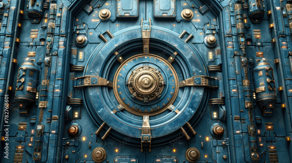Modern bank security: Electric blue vault door with intricate circular design, reminiscent of a luxury car part.