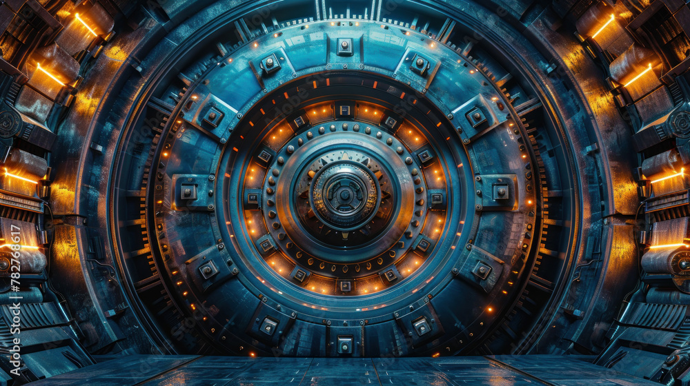 Modern bank security: Electric blue vault door with intricate circular design, reminiscent of a luxury car part. Modern bank security: Electric blue vault door with intricate circular design, reminiscent of a luxury car part.