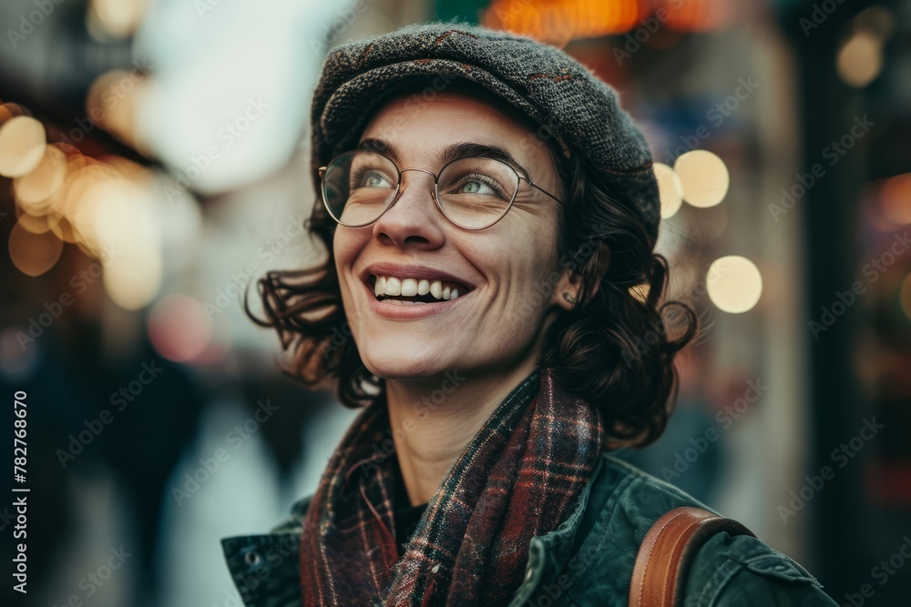 Portrait of a smiling young woman with glasses in the city.