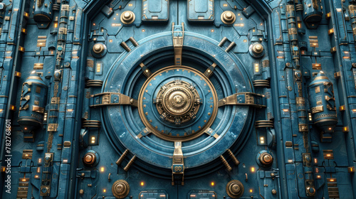 Modern bank security: Electric blue vault door with intricate circular design, reminiscent of a luxury car part. © tong2530