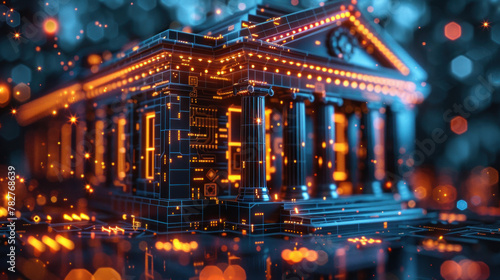 Polygonal circuit banking hologram on blue backdrop, illustrating the concept of digital banking.