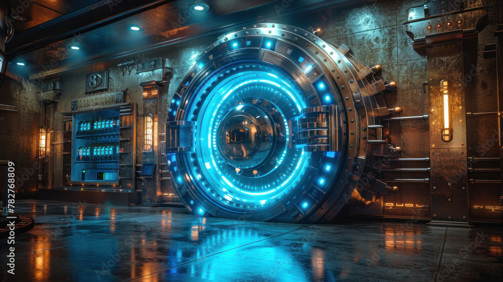 Electric blue vault door in a bank, reminiscent of a stylish car rim. Electric blue vault door in a bank, reminiscent of a stylish car rim.