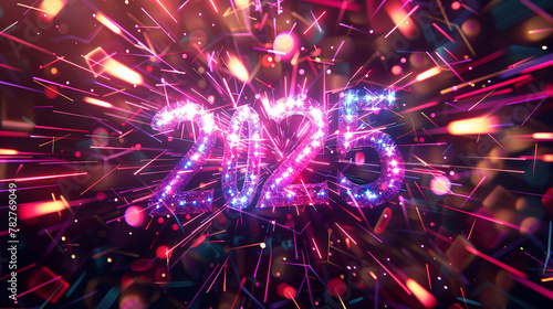 New Year 2025 in 3D neon typography, vector background, starburst effects