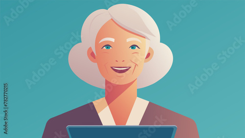 A closeup of an older womans face as she smiles while holding up her tablet during a virtual book club meeting.
