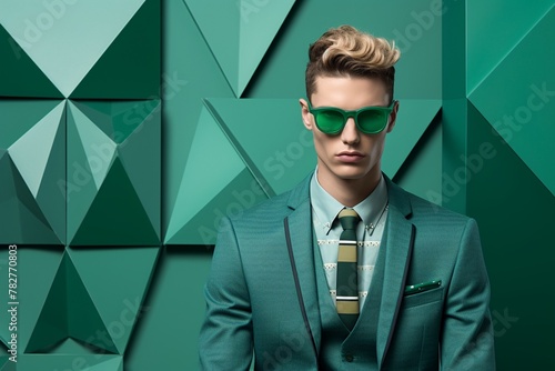 A man with geometric glasses, emerald attire, crisp canvas photo