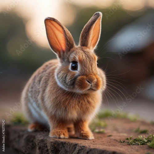 charming image of a cute rabbit set against an evening backdrop, with a beautifully blurred background. perfect for nature, dusk, and wildlife-themed content.