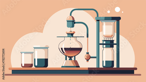 A modern minimalist illustration of a siphon brewing setup with clean lines and neutral colors emphasizing the precise and controlled nature of