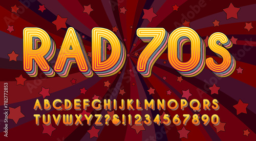 Rad 70s is a vintage style display alphabet with multiple stripes and layered effects, on a starburst background.