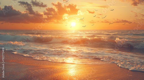 eye-catching animated GIF of a sunrise over a tranquil beach  with waves gently rolling in and birds flying across the sky