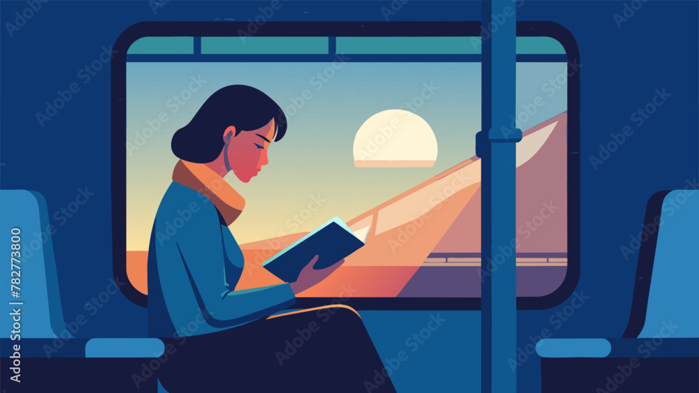 A busy commuter on a train winds down after a long day by escaping into an ebook her stress melting away as she becomes engrossed in a new A busy commuter on a train winds down after a long day by escaping into an ebook her stress melting away as she becomes engrossed in a new